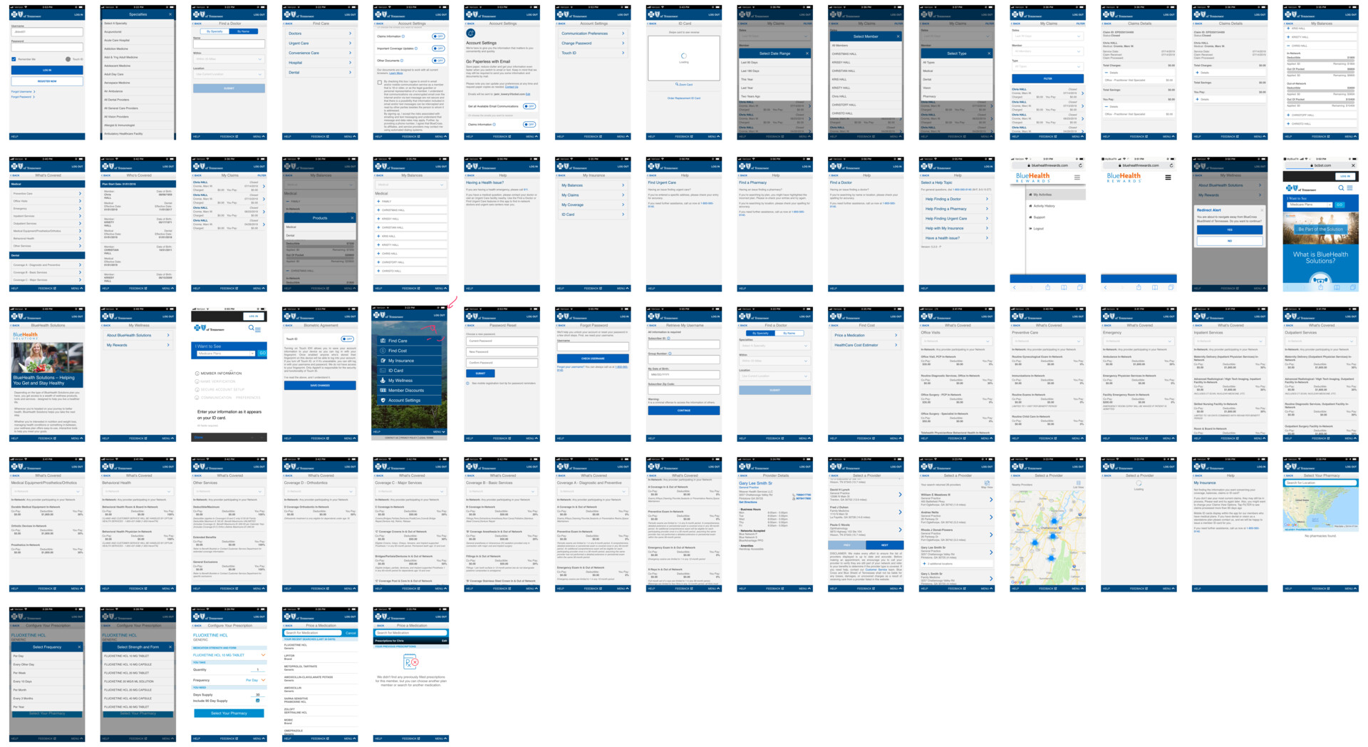 The app before redesign – five years of accumulated friction across five rows of screens